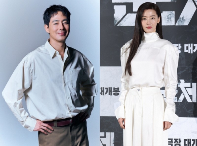 Zo In-sung (left); Jun Ji-hyun at a press conference for "Colony" at CGV Yongsan in Seoul, April 6. (Showbox/Yonhap)