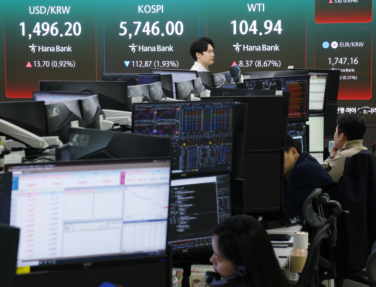 Electronic boards at the dealing room of Hana Bank headquarters in Jung-gu on Monday display the real-time won-dollar exchange rate, the Kospi and oil prices. (Yonhap)