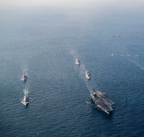 This file photo, provided by the Joint Chiefs of Staff on Sept. 17, 2025, shows warships taking part in a trilateral exercise between South Korea, the United States and Japan in international waters south of the southern island of Jeju.  (Yonhap)