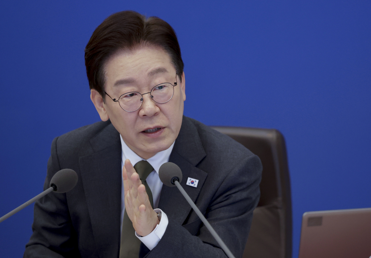 President Lee Jae Myung speaks during a Cabinet meeting combined with an emergency economic review meeting at Cheong Wa Dae in Seoul on Tuesday. (Yonhap)