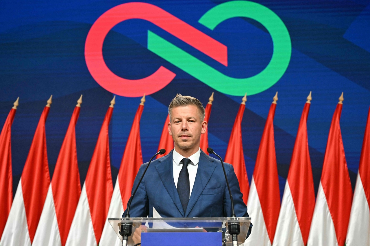 Peter Magyar, Hungary's leader of the pro-European conservative TISZA party, delivers a press conference at the HUNGEXPO Congress and Exhibition Center in Budapest, Hungary, Monday. (AFP-Yonhap)