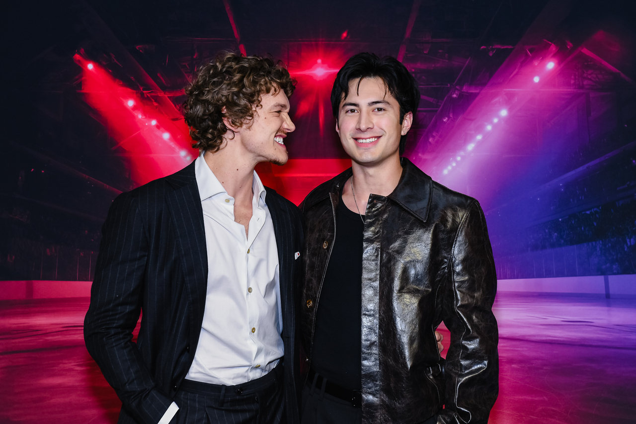Connor Storrie (left) and Hudson Williams attend the premiere of "Heated Rivalry" at TIFF Lightbox on November 24, 2025 in Toronto, Ontario. (Getty Images)