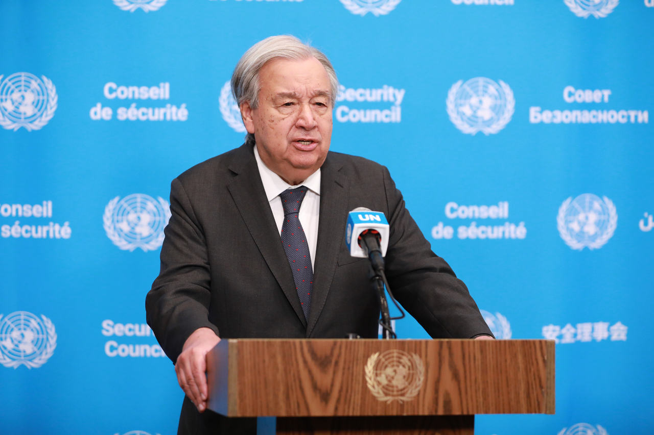 UN Secretary-General Antonio Guterres speaks to the press at the UN headquarters in New York, Tuesday. (Xinhua-Yonhap)