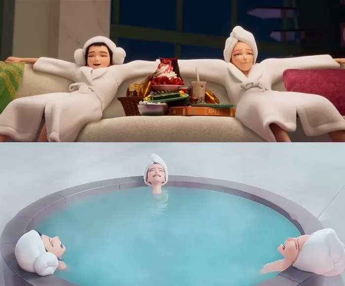 Screenshots of bath scenes from Netflix’s animated film K-pop Demon Hunters (Netflix)