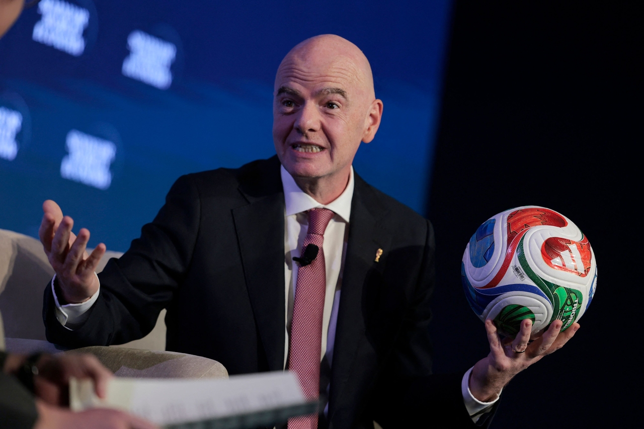 FIFA president Gianni Infantino speaks during the 2026 Semafor World Economy conference in Washington, Wednesday.   (AFP-Yonhap)