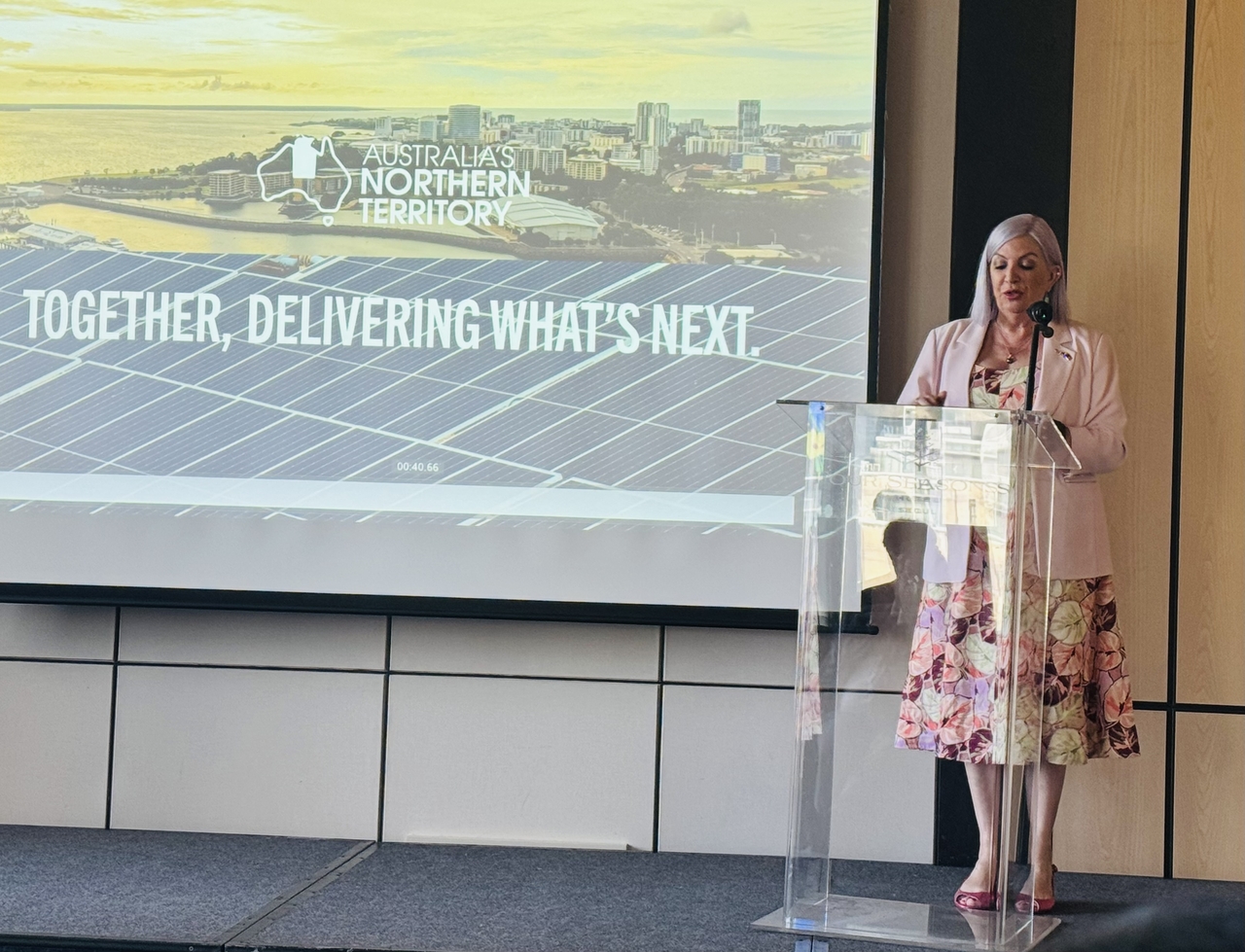 Robyn Cahill, Minister for Trade, Business and Asian Relations of Australia’s Northern Territory introduces potentials at an event showcasing investment opportunities in energy, critical minerals, and infrastructure in Jung-gu, Seoul, Thursday. (Sanjay Kumar/The Korea Herald)