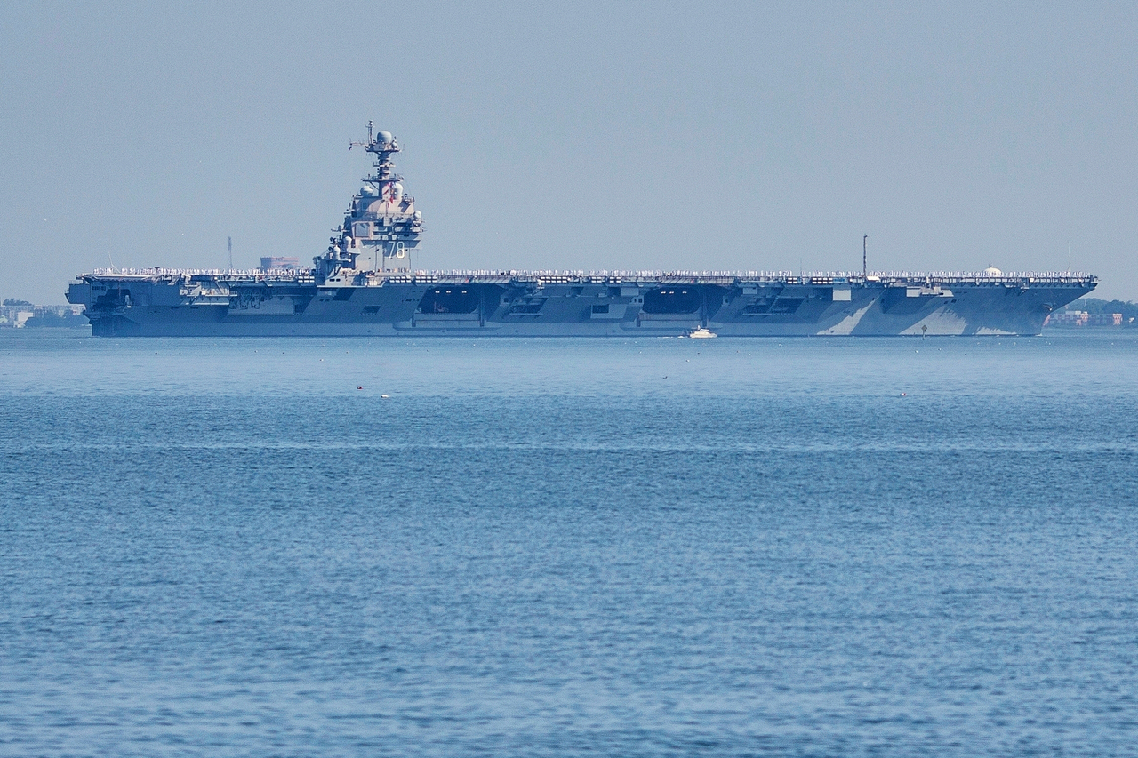 The USS Gerald R. Ford aircraft carrier leaves Naval Station Norfolk, June 23, 2025, in Norfolk, Virginia. (AP-Yonhap)