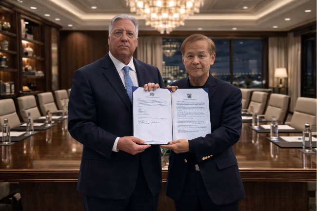 Kenneth Kim (right), CEO of KIT World, and William Stredny, CEO of MCG, pose for a photo after signing a final agreement at MCG headquarters in Sioux Falls, South Dakota, Thursday. (KIT World)
