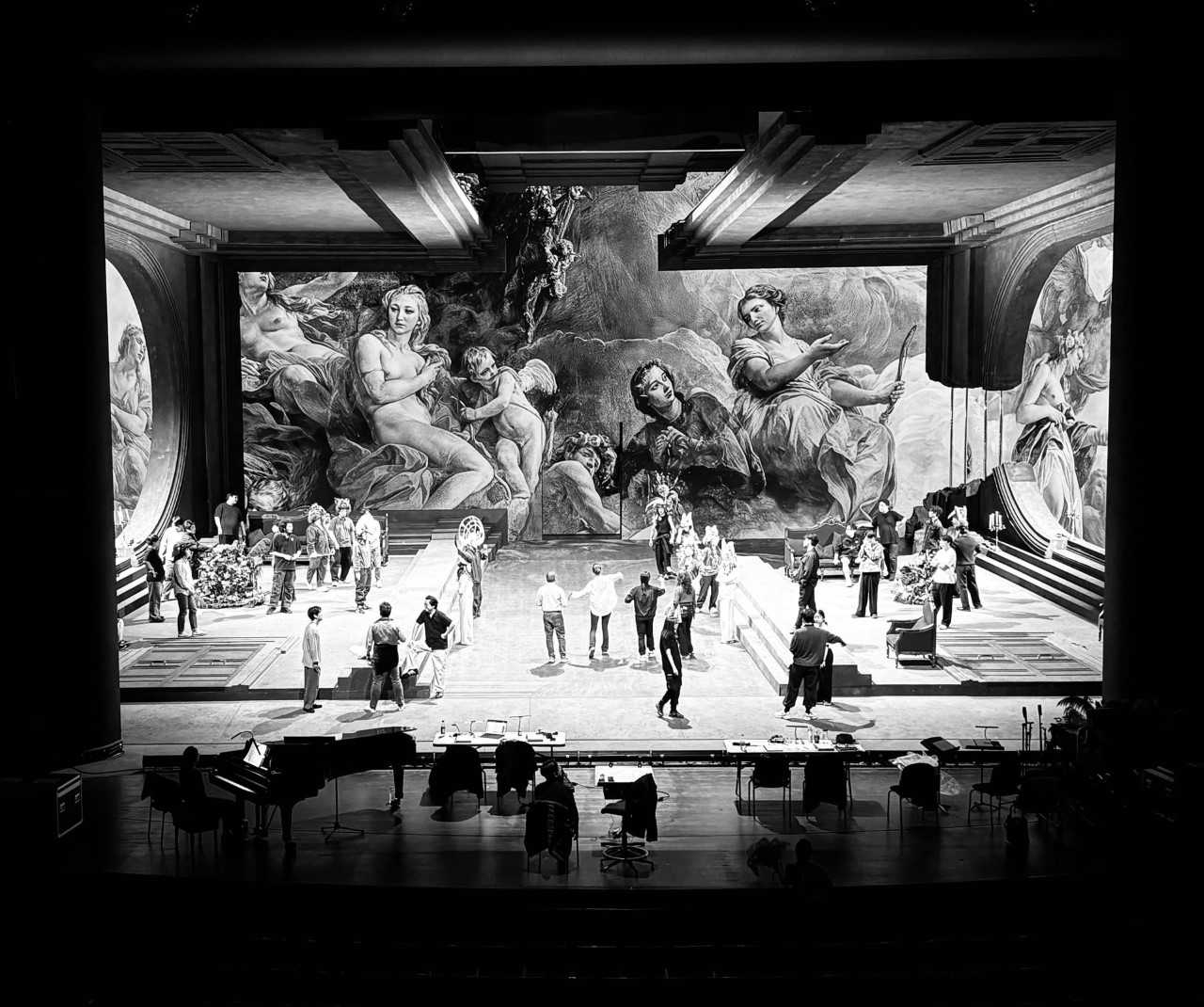 Stage setup for Verdi’s 'Rigoletto' is underway at Daegu Opera House ahead of its April 24-25 performances, featuring a large-scale LED backdrop. (Daegu Opera House)