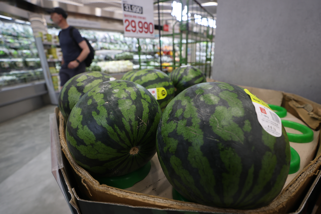 View of watermelons on display at a supermarket in Seoul, Sunday ()