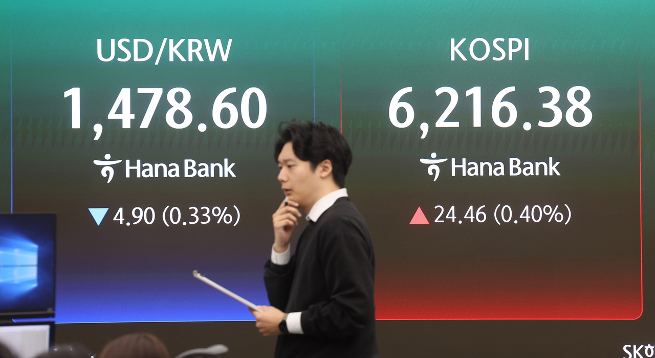 An electronic board showing the Korea Composite Stock Price Index at a dealing room of the Hana Bank headquarters in Seoul on Monday. (Yonhap)