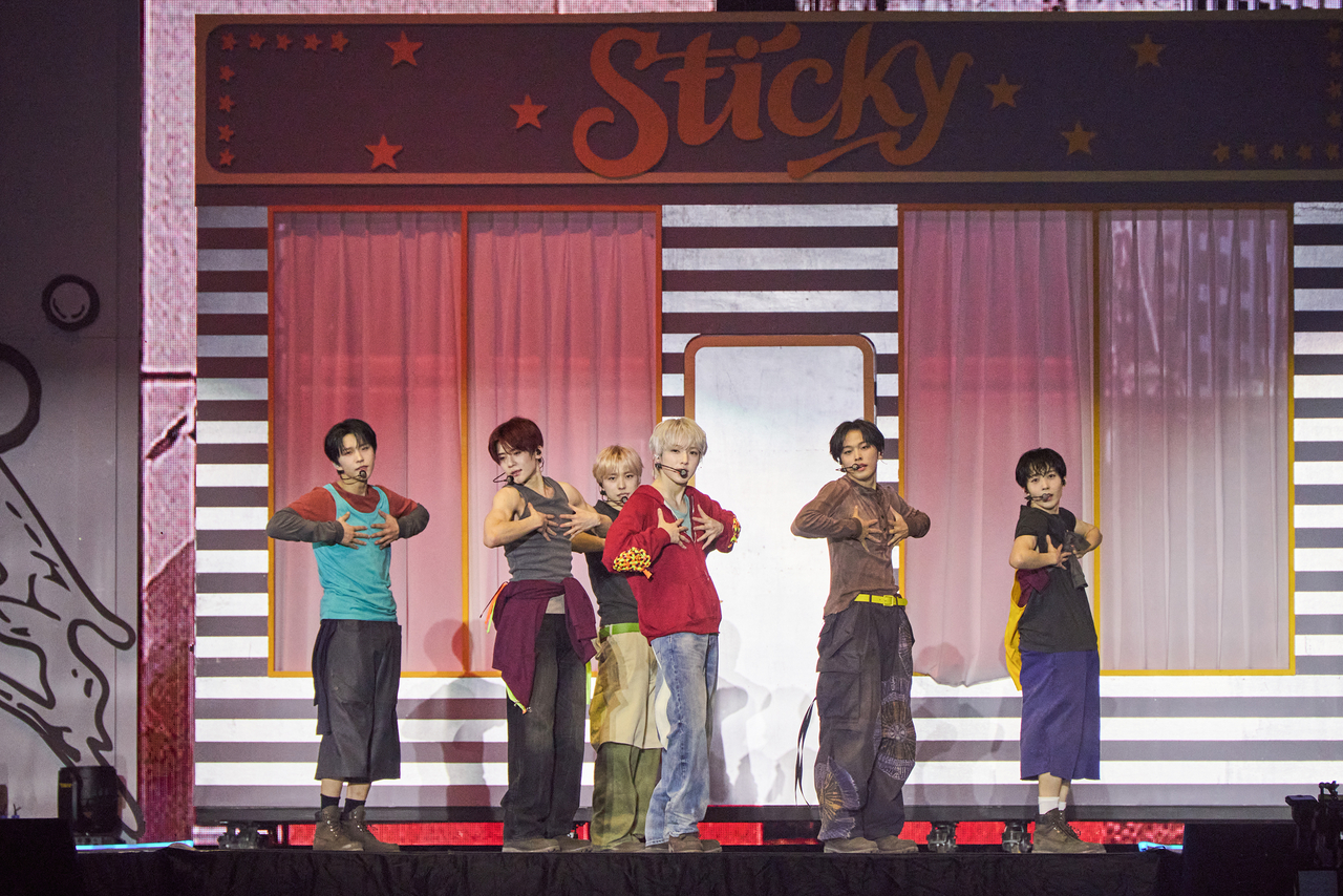 NCT Wish performs “Sticky” during “Into the Wish : Our Wish,” held at Kspo Dome in Songpa-gu, southern Seoul, Sunday. (SM Entertainment)