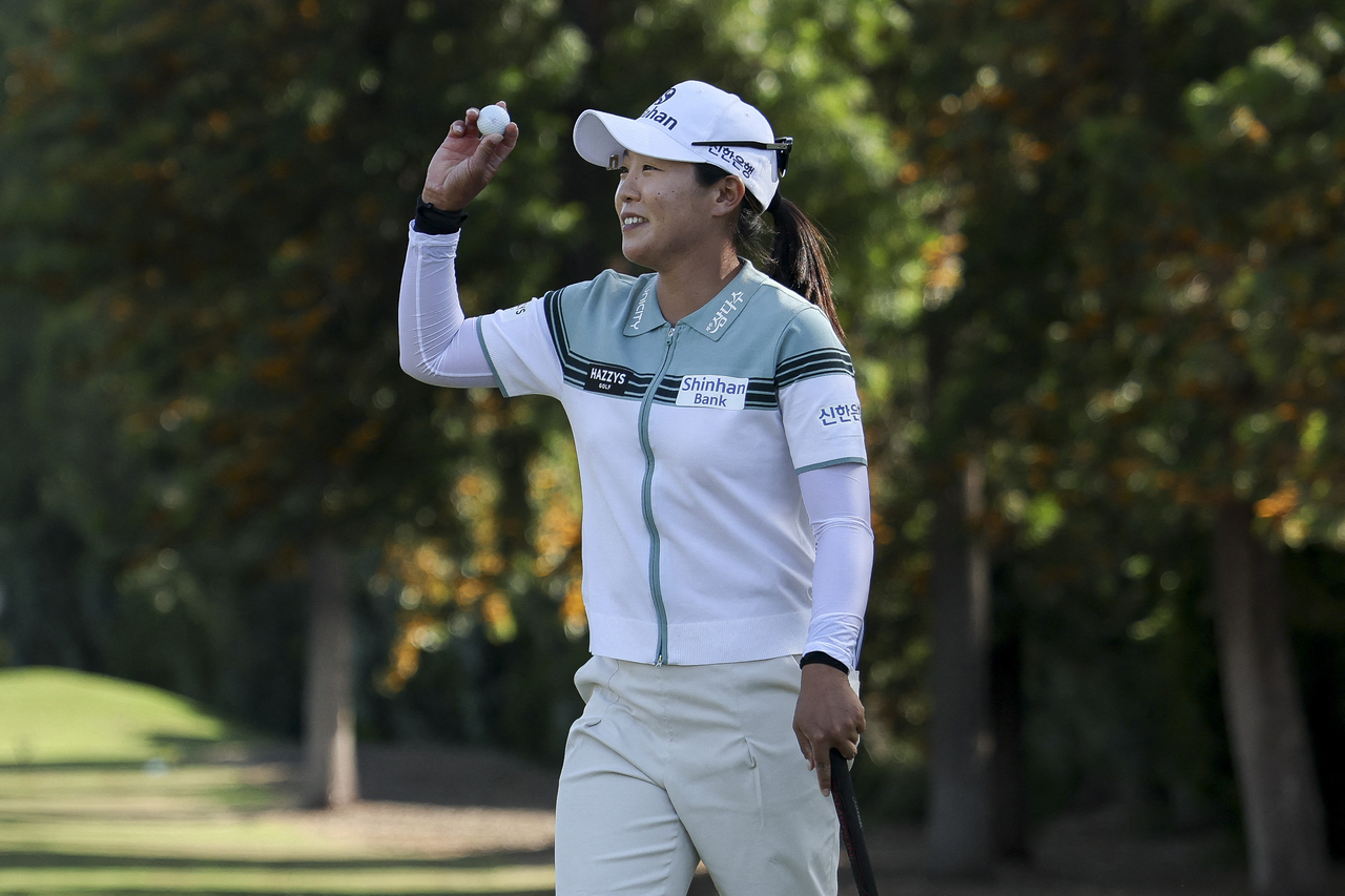 Im Jin-hee of South Korea celebrates after making an eagle on the 16th hole during the final round of the JM Eagle LA Championship at El Caballero Country Club in Los Angeles on Sunday. (Getty Images)