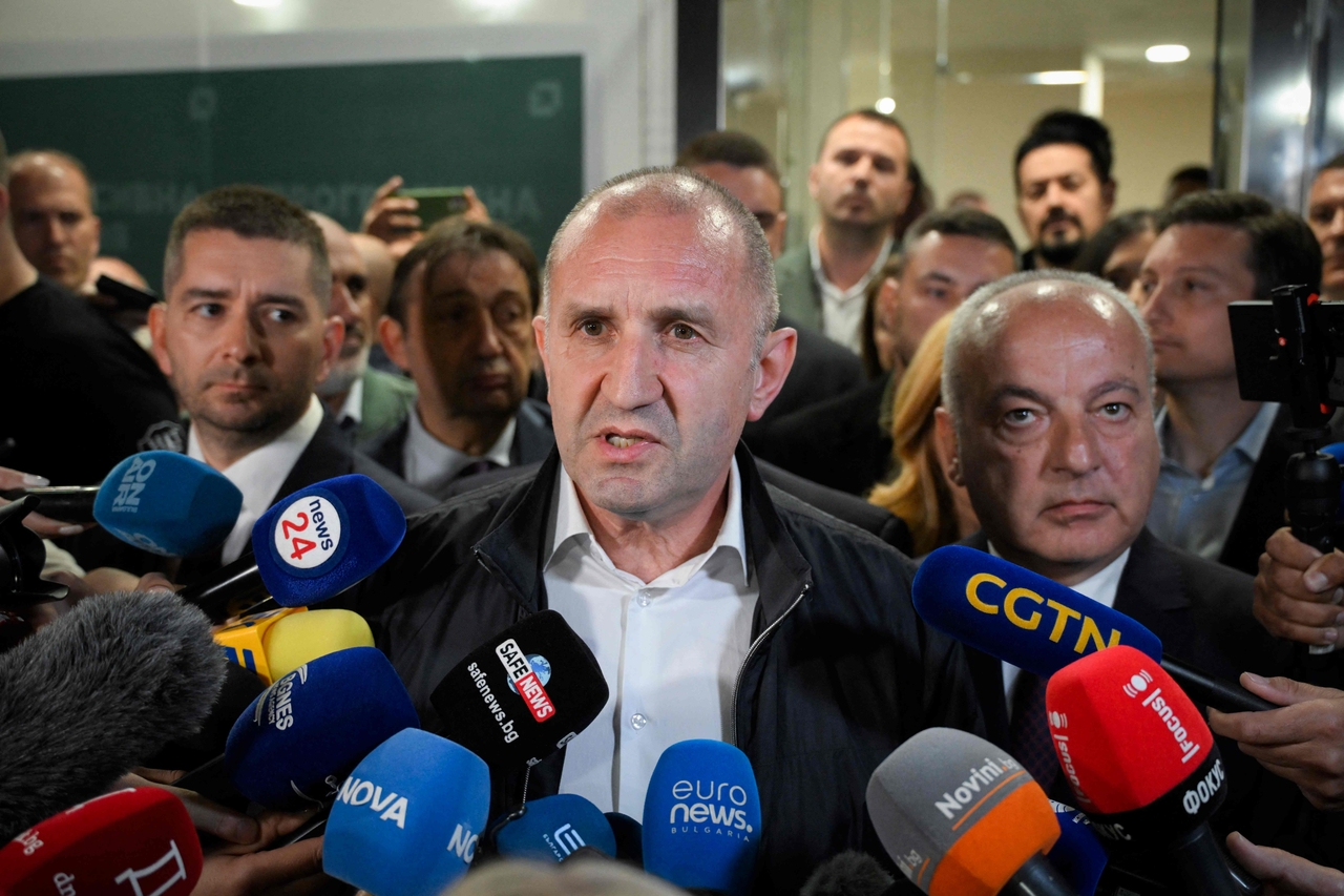 "Progressive Bulgaria" coalition's leader and former President Rumen Radev speaks to the press at his party headquarters after polls closed in Sofia, Bulgaria, Sunday. (AFP-Yonhap)