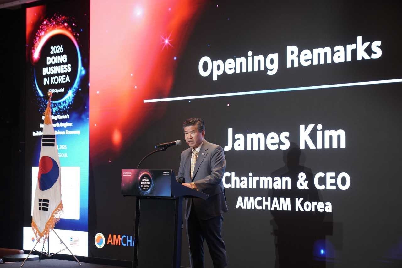 AmCham Chairman and CEO James Kim delivers opening remarks at the 2026 Doing Business in Korea seminar at a Seoul hotel on Tuesday. (AmCham)