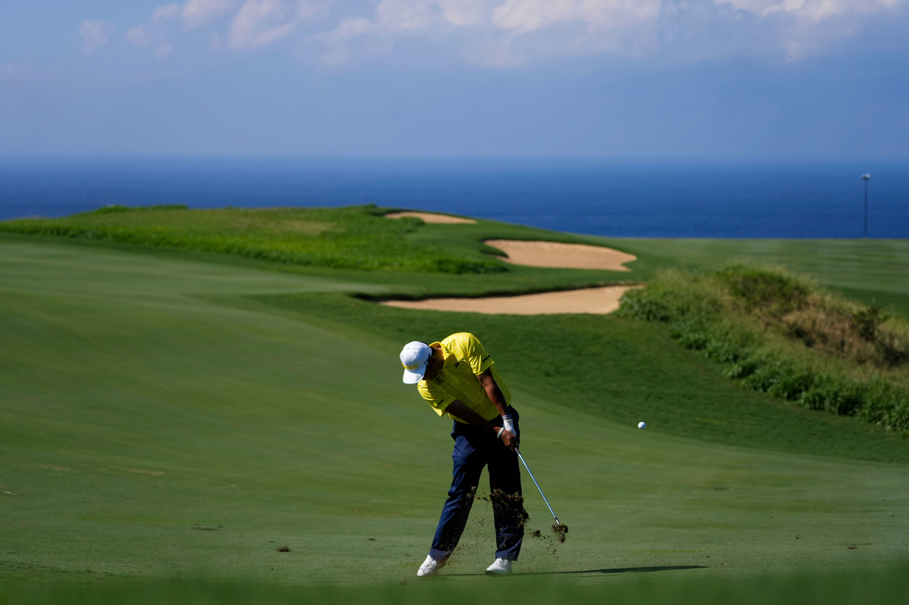 Hideki Matsuyama, of Japan, hits on the 13th hole during the final round of The Sentry golf event at Kapalua Plantation Course in Hawaii on Jan. 5, 2025. AP-Yonhap