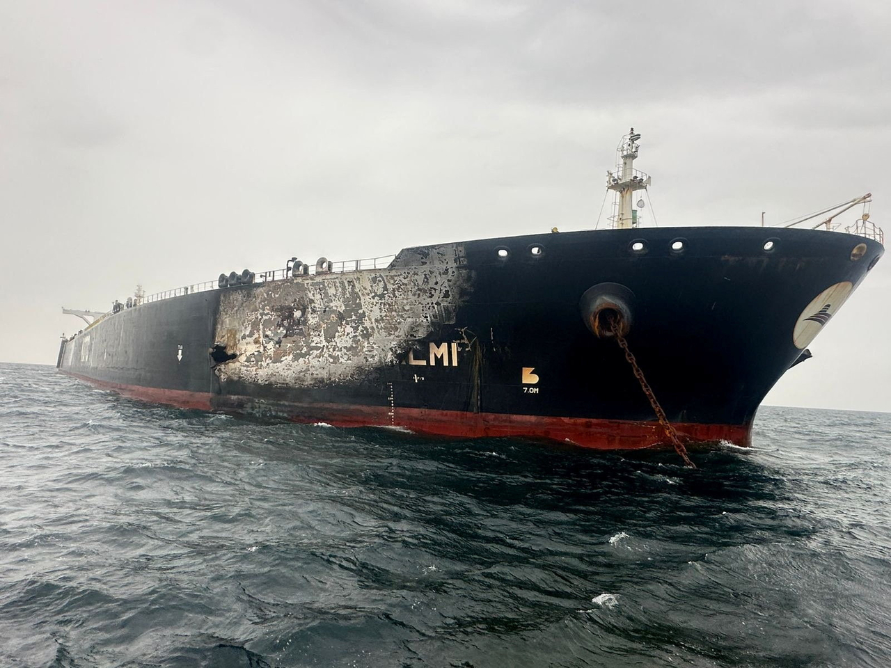 A Kuwait-flagged crude oil tanker, Al-Salmi, is shown in this file photo following a reported strike amid the US-Israeli conflict with Iran on March 31, 2026. (Petroleum Corp. via Reuters-Yonhap)