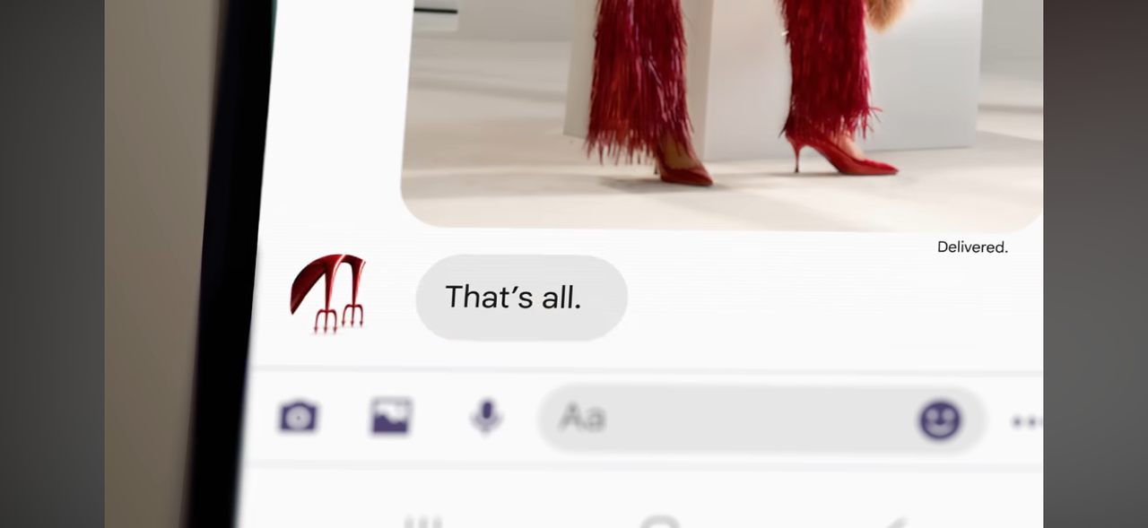 Screenshot from a Samsung Electronics promotional video for the Galaxy S26 Ultra referencing “The Devil Wears Prada 2,” showing a smartphone screen with a text message in which Miranda delivers her iconic line, “That’s all,” captured from Samsung’s YouTube channel. (Samsung YouTube)