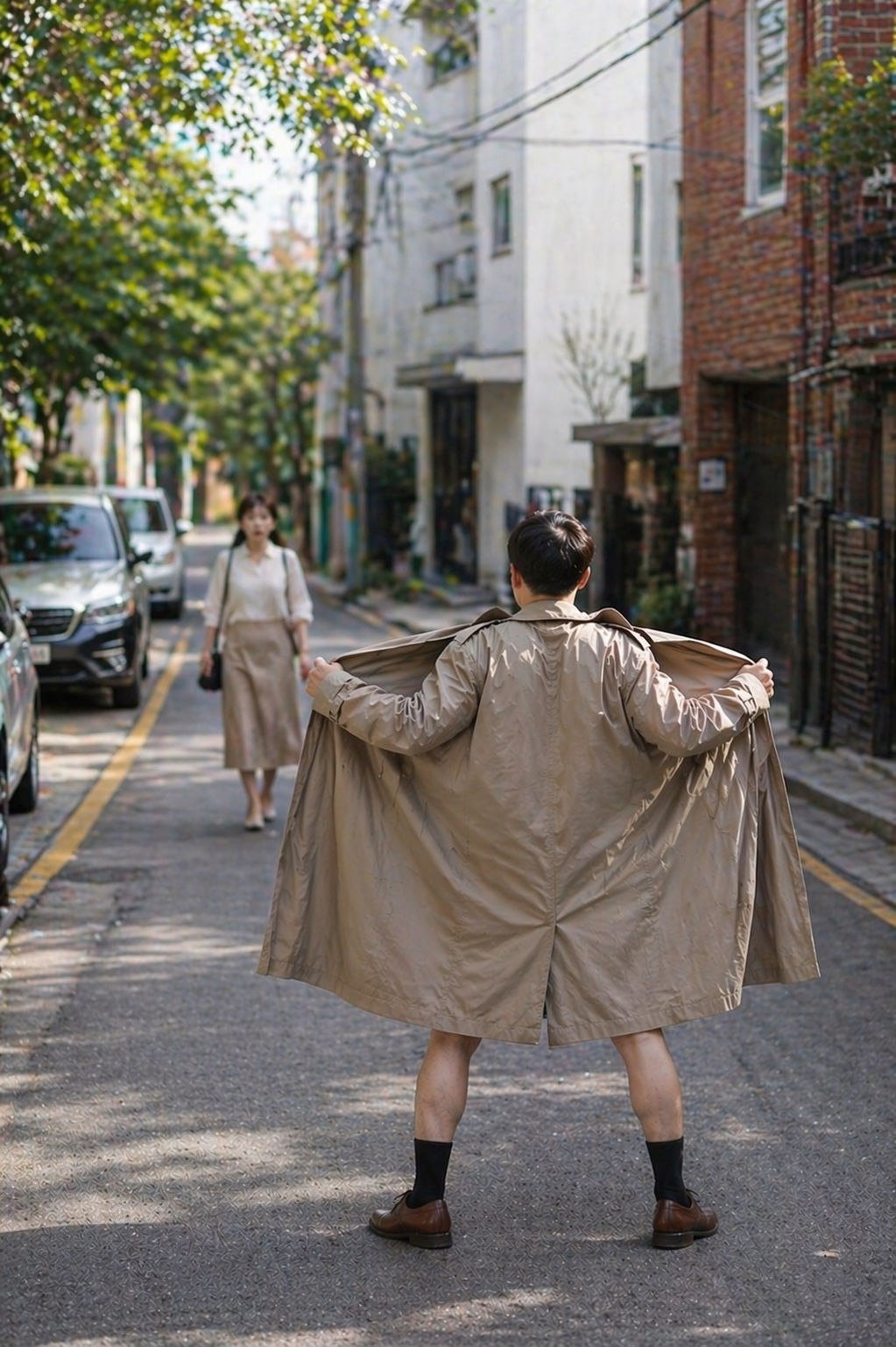 A flasher in a trench coat exposes himself to a woman. (AI-generated image)