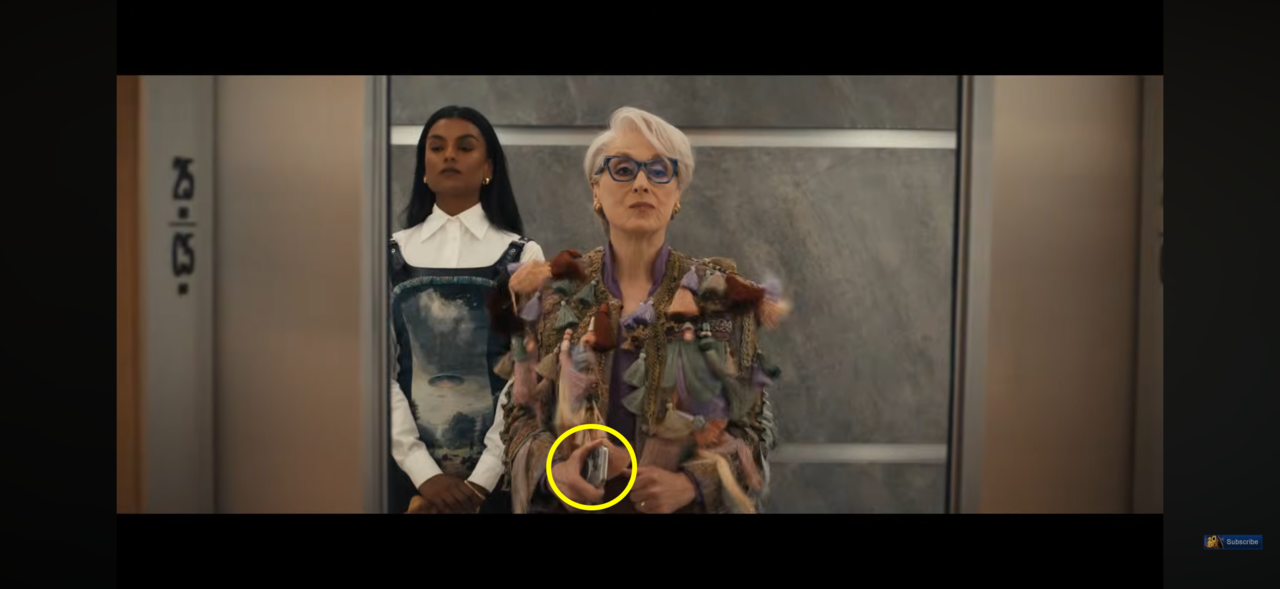 Miranda Priestly, played by Meryl Streep, holds what appears to be an iPhone in a trailer clip of “The Devil Wears Prada 2.” (20th Century Studios YouTube)