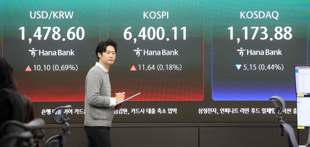 An electronic board showing the Korea Composite Stock Price Index at a dealing room of the Hana Bank headquarters in Seoul on Wednesday. (Yonhap)