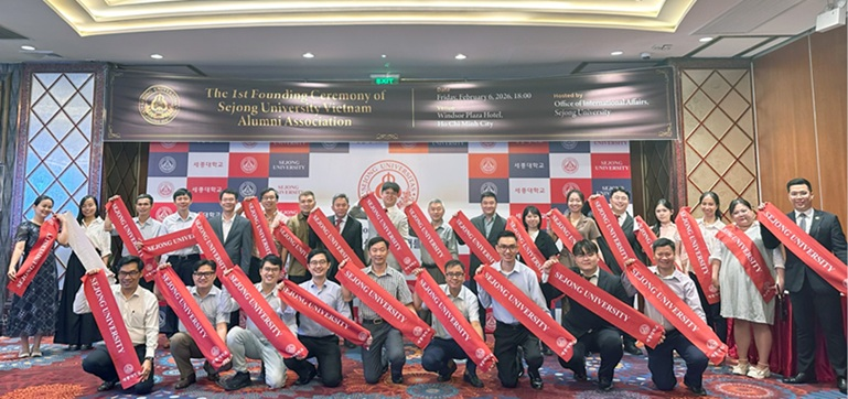 Vietnamese graduates of Sejong University pose for a photo after their inaugural event in February, in Ho Chi Minh City, Vietnam. (Sejong University)