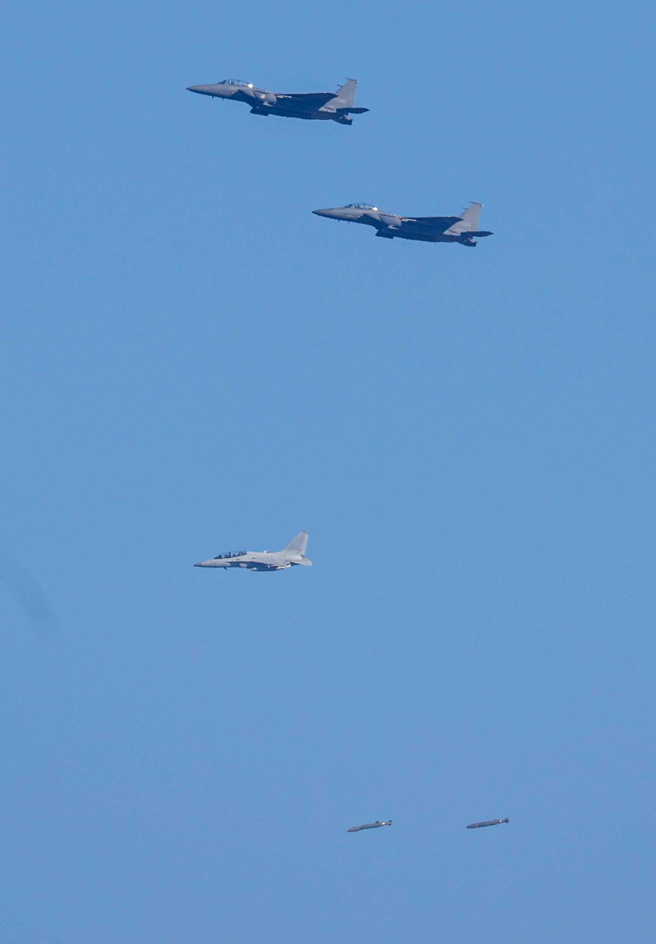 F-15K fighter jets are seen in this photo of the joint military drill between the Air Force and the Army, conducted on Jan. 23, 2025. (Joint Press Corp.)
