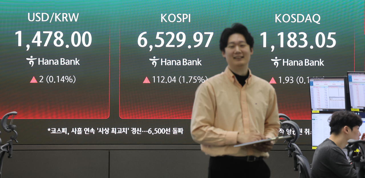 An electronic board showing the Korea Composite Stock Price Index at a dealing room of the Hana Bank headquarters in Seoul on Thursday. (Yonhap)