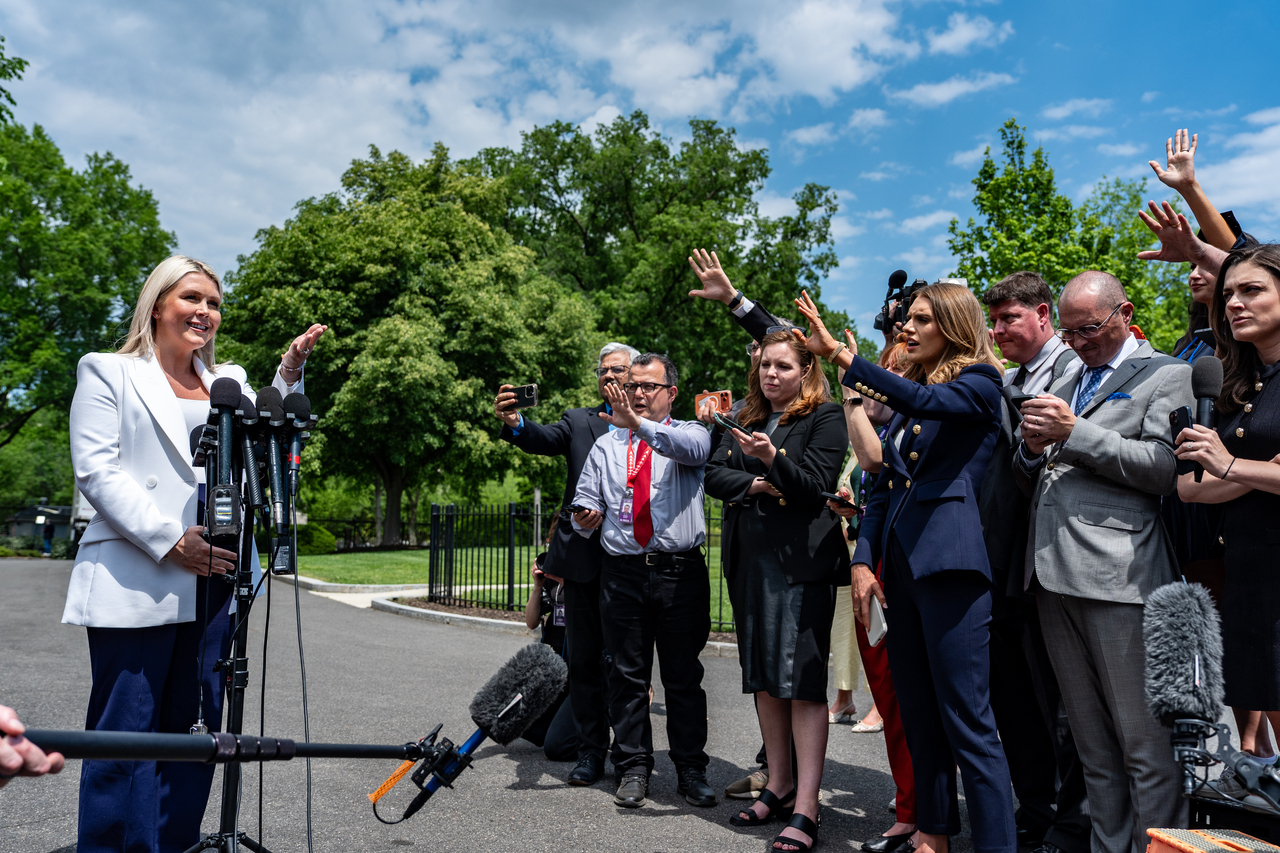 White House press secretary Karoline Leavitt speaks with reporters at the White House in Washington, Friday. (AP-Yonhap)