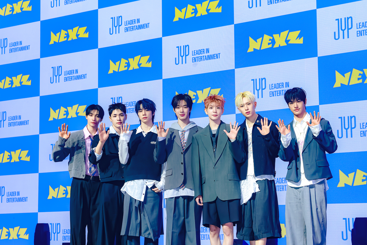 NexZ poses during a media showcase held at Blue Square Woori Won Banking Hall in Yongsan-gu, central Seoul, Monday. (JYP Entertainment)