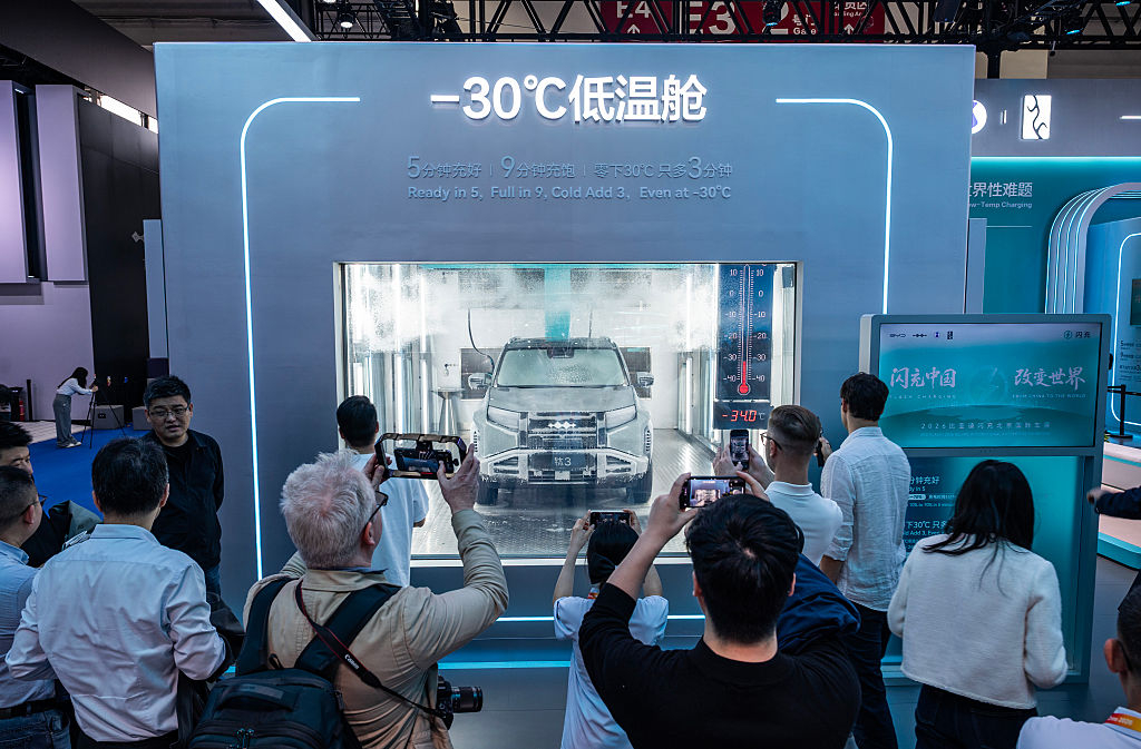 China's BYD Auto showcases its fast-charging technology for electric vehicle batteries in a low-temperature environment at Auto China 2026, Friday in Beijing. (Getty Images)