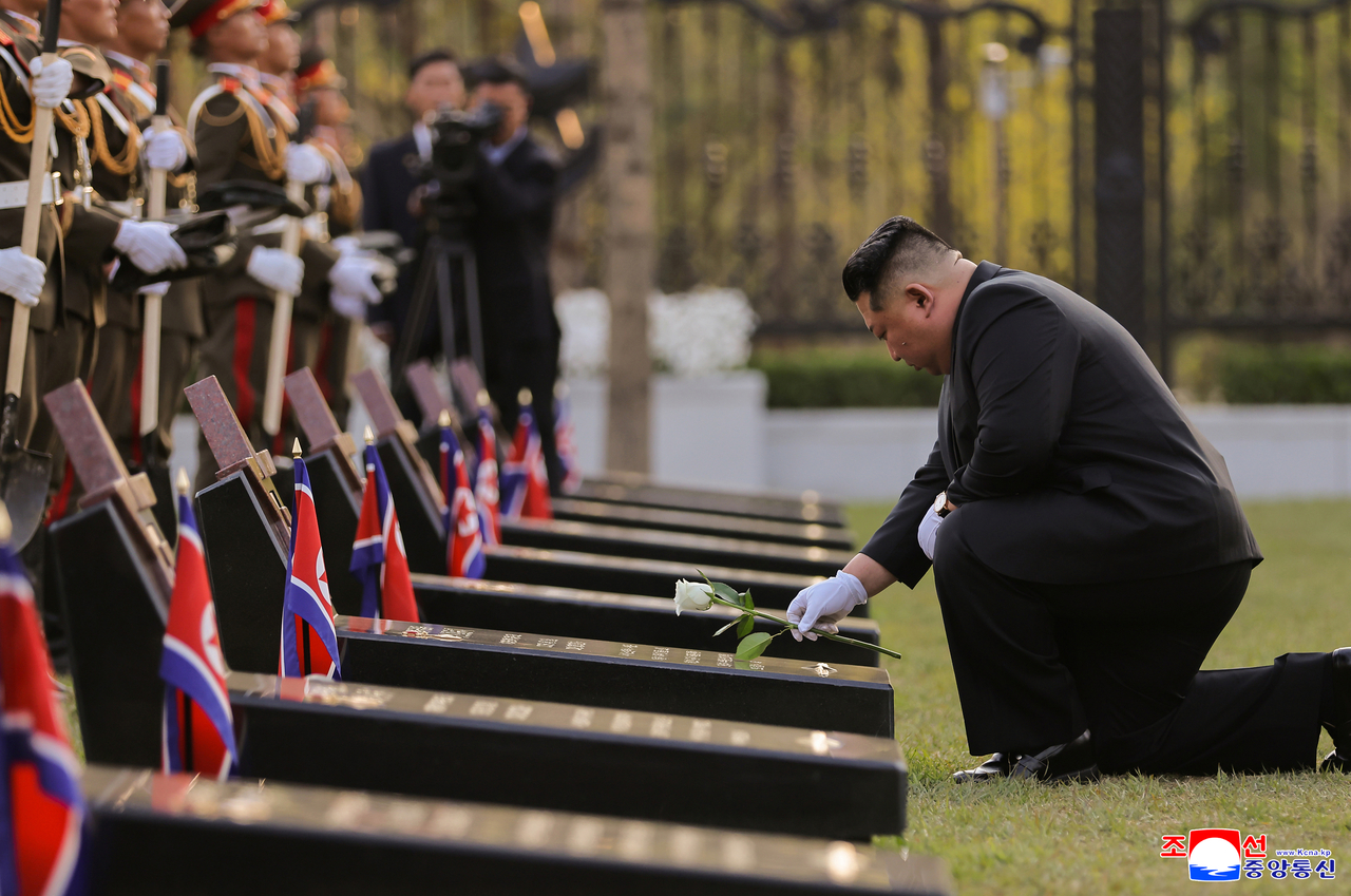 North Korea leader Kim Jung-un attends the opening ceremony of the Memorial Museum of Combat Feats at the Overseas Military Operations in Pyongyang on Sudnay. (KCNA via Yonhap)