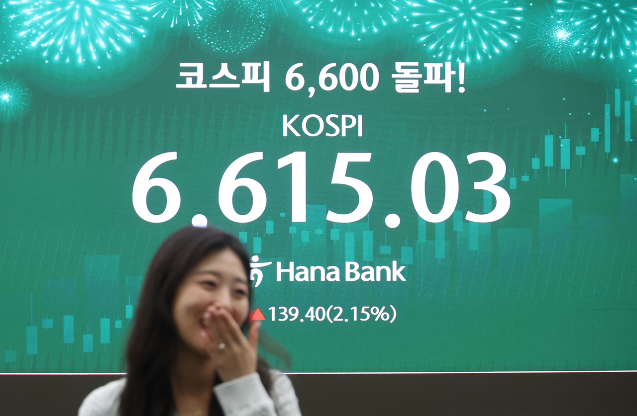 An electronic board showing the Korea Composite Stock Price Index at a dealing room of the Hana Bank headquarters in Seoul on Monday. (Yonhap)