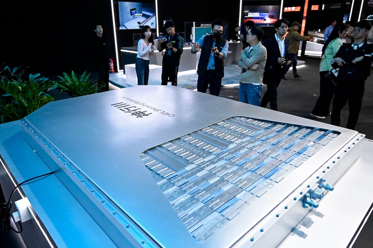 A model of the CATL Shenxing battery III is displayed during the CATL Tech Day event ahead of the Beijing Auto Show in Beijing on Tuesday. (AFP-)