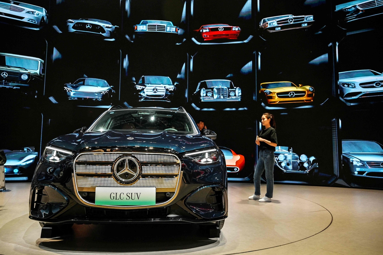 A Mercedes-Benz GLC SUV is displayed at Auto China 2026 in Beijing on Saturday. (AFP-)
