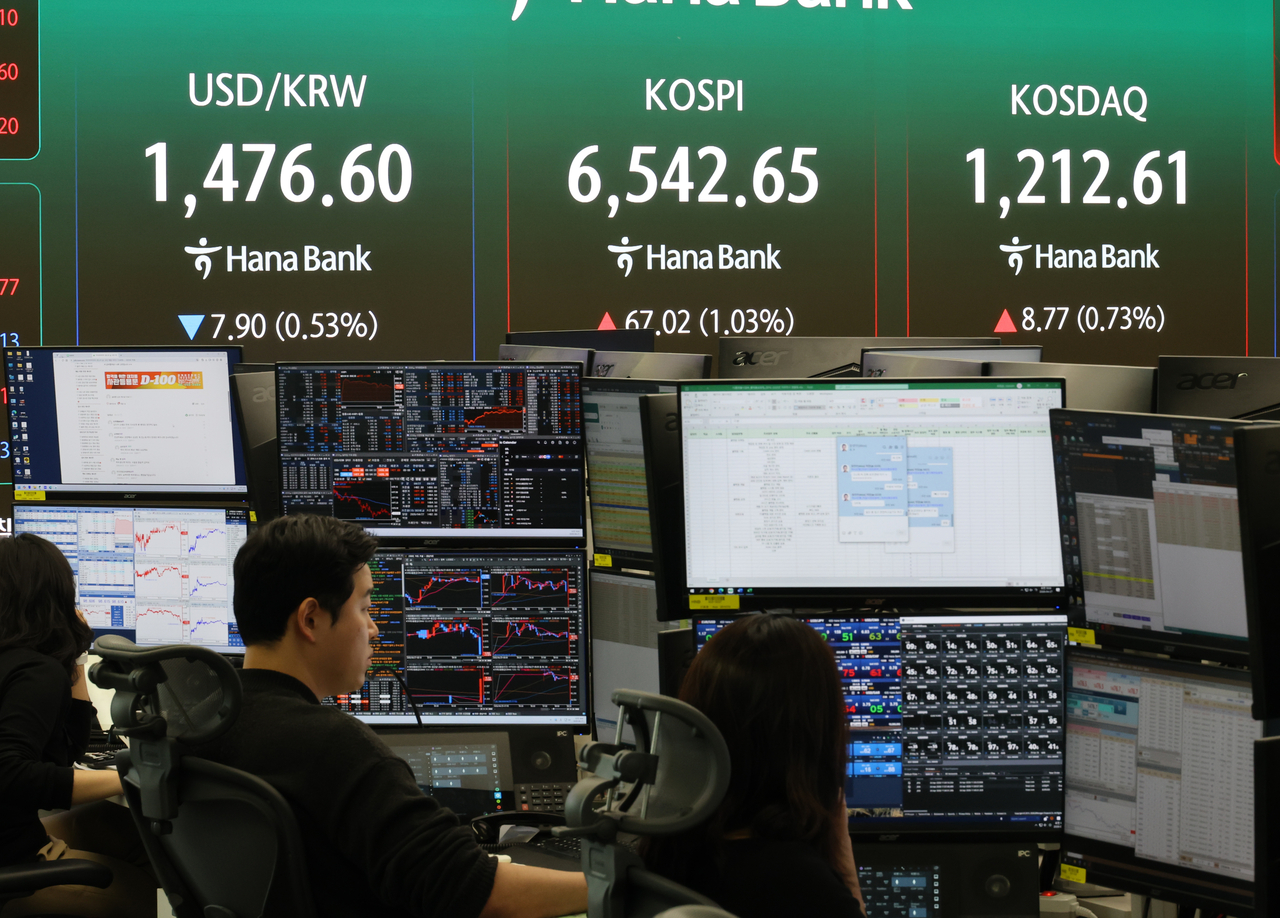 An electronic board showing the Korea Composite Stock Price Index at a dealing room of the Hana Bank headquarters in Seoul on Monday. (Yonhap)