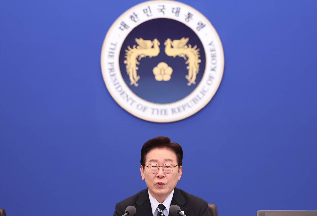 President Lee Jae Myung speaks during a Cabinet meeting at the presidential office Cheong Wa Dae in Seoul on Tuesday. (Yonhap)