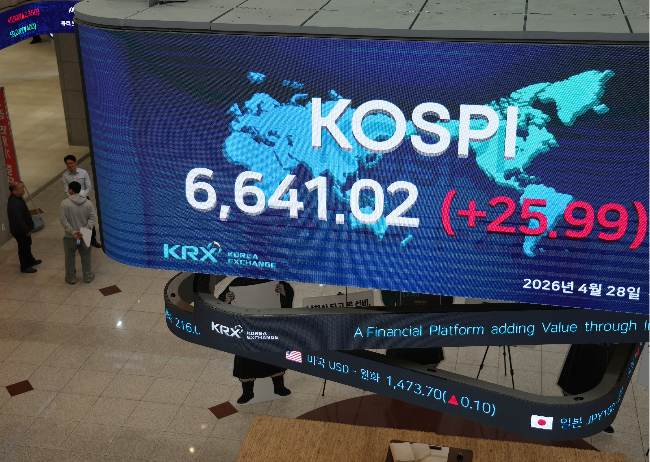 A financial data screen at the Korea Exchange shows the benchmark Kospi closing at 6,641.02 on Tuesday. (Yonhap)