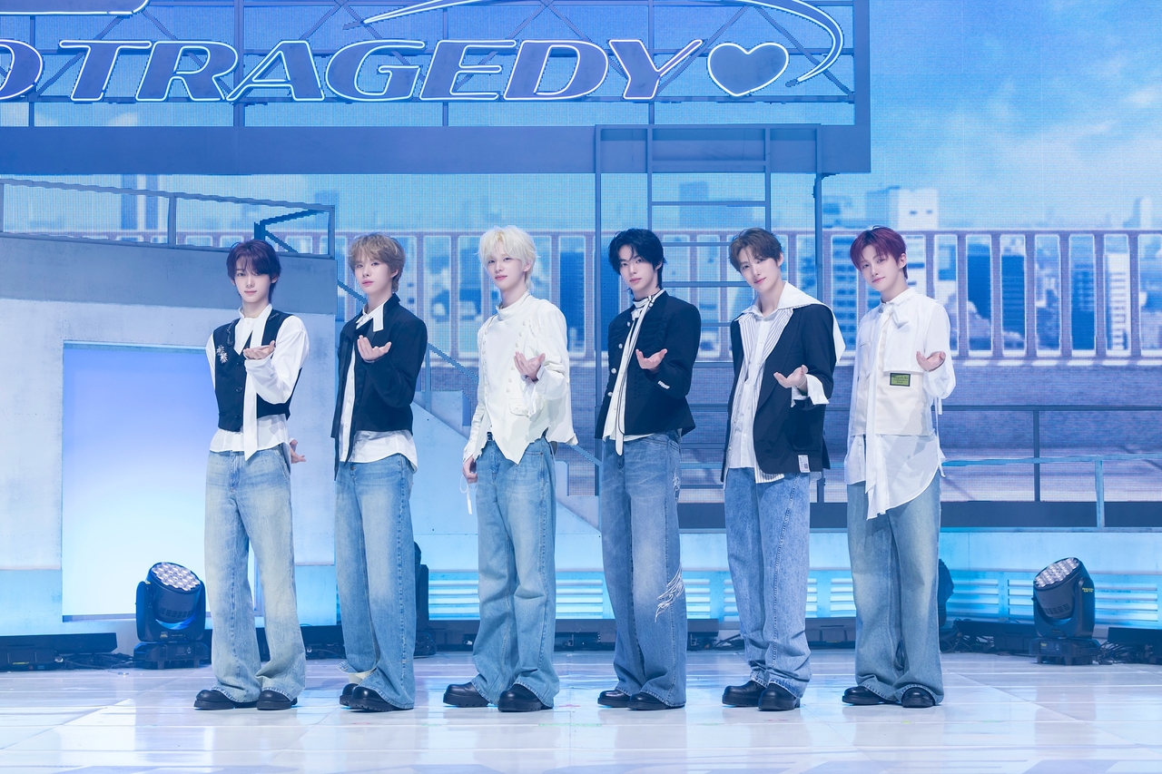 TWS poses during a media showcase held at Yes24 Live Hall in Gwangjin-gu, eastern Seoul, Monday. (Pledis Entertainment)