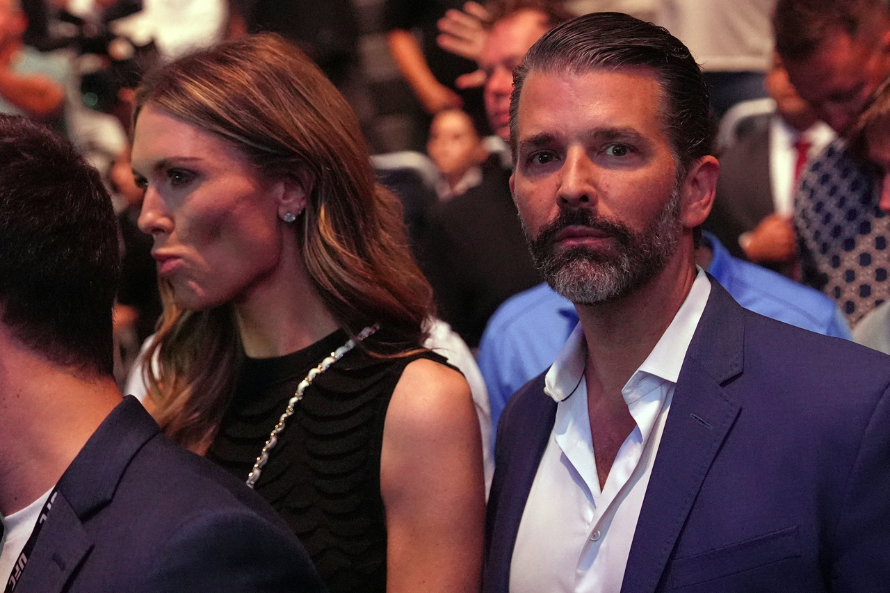 Donald Trump Jr. (right) and Bettina Anderson attend UFC 327 at the Kaseya Center in Miami, April 11. (Reuters-Yonhap)