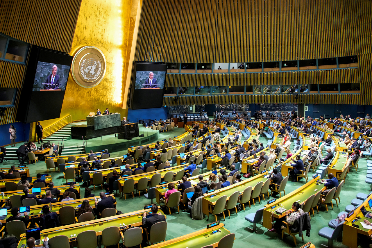 The United Nations Secretary-General Antonio Guterres speaks to delegates during a meeting on Nuclear Non-Proliferation Treaty in New York, Monday. (Reuters-Yonhap)
