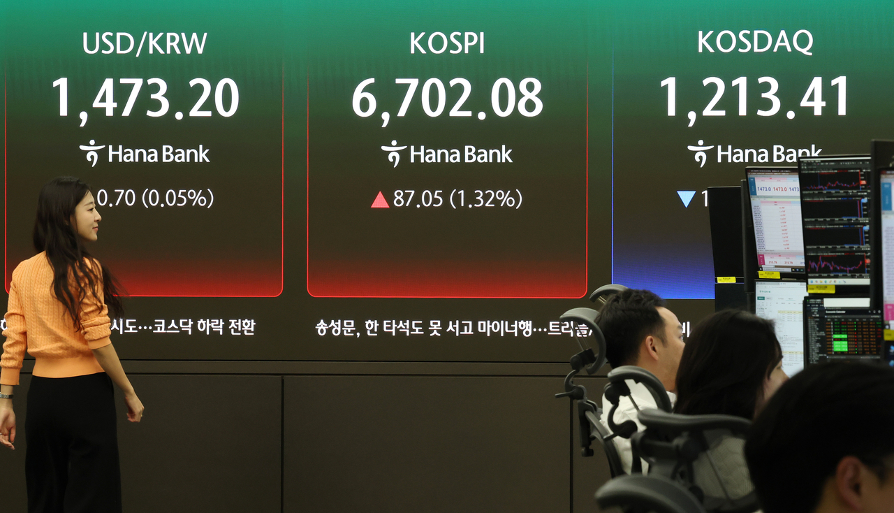 An electronic board showing the Korea Composite Stock Price Index at a dealing room of the Hana Bank headquarters in Seoul on Tuesday. (Yonhap)