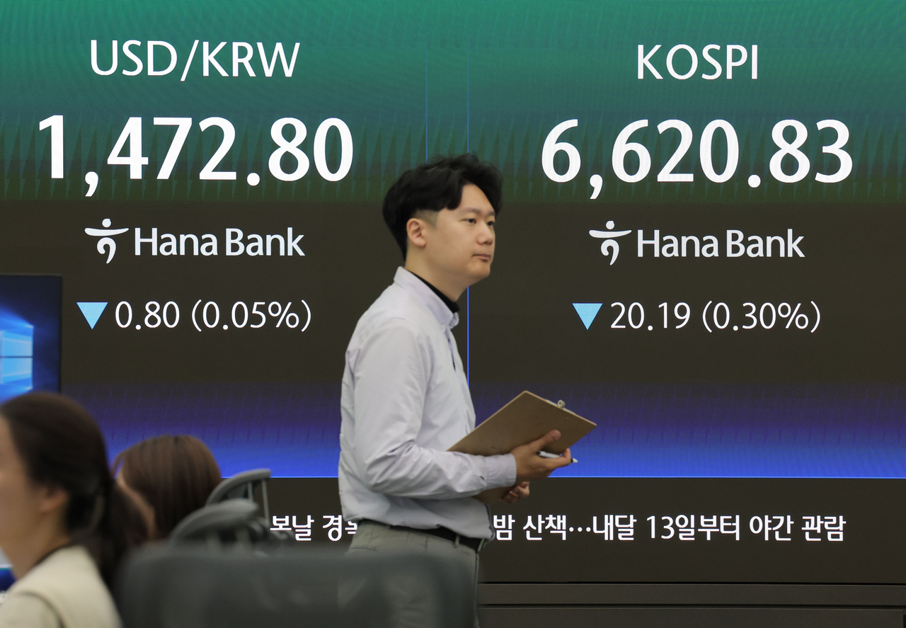 An electronic board showing the Korea Composite Stock Price Index at a dealing room of the Hana Bank headquarters in Seoul on Wednesday. (Yonhap)