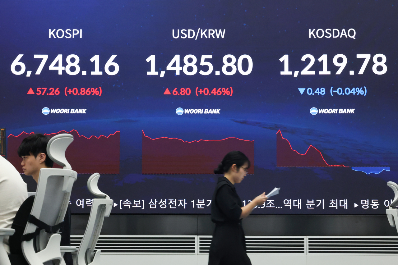 An electronic board showing the Korea Composite Stock Price Index at a dealing room of the Hana Bank headquarters in Seoul on Thursday. (Yonhap)
