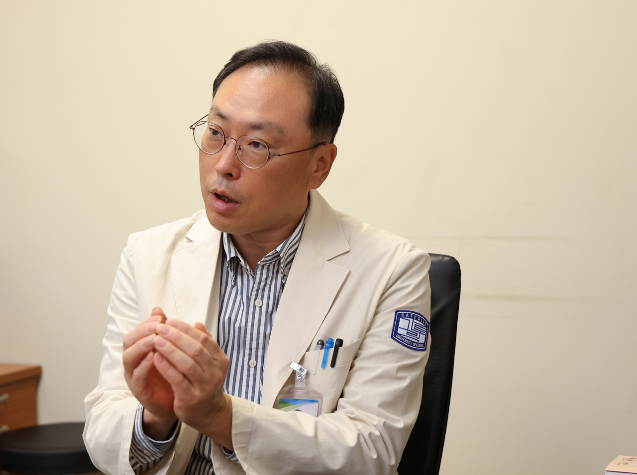 지난 27일 가톨릭대학교 서울성모병원 권역모자의료센터장 박인양 산부인과 교수가 헤럴드경제와 인터뷰하고 있다.[서울성모병원 제공]