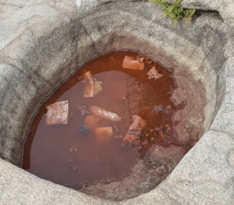 A littered puddle near the summit of Gwanaksan turned red by ramen broth. (Threads)