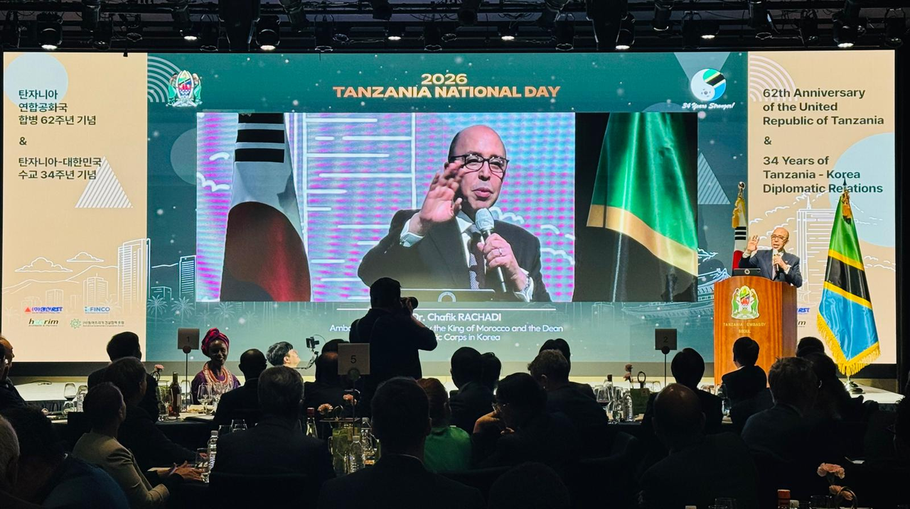 Chafik Rachadi, dean of the diplomatic corps and the Moroccan Ambassador to Korea speaks at the 62nd Union Day of Tanzania in Seoul on Thursday. (Sanjay Kumar/The Korea Herald)