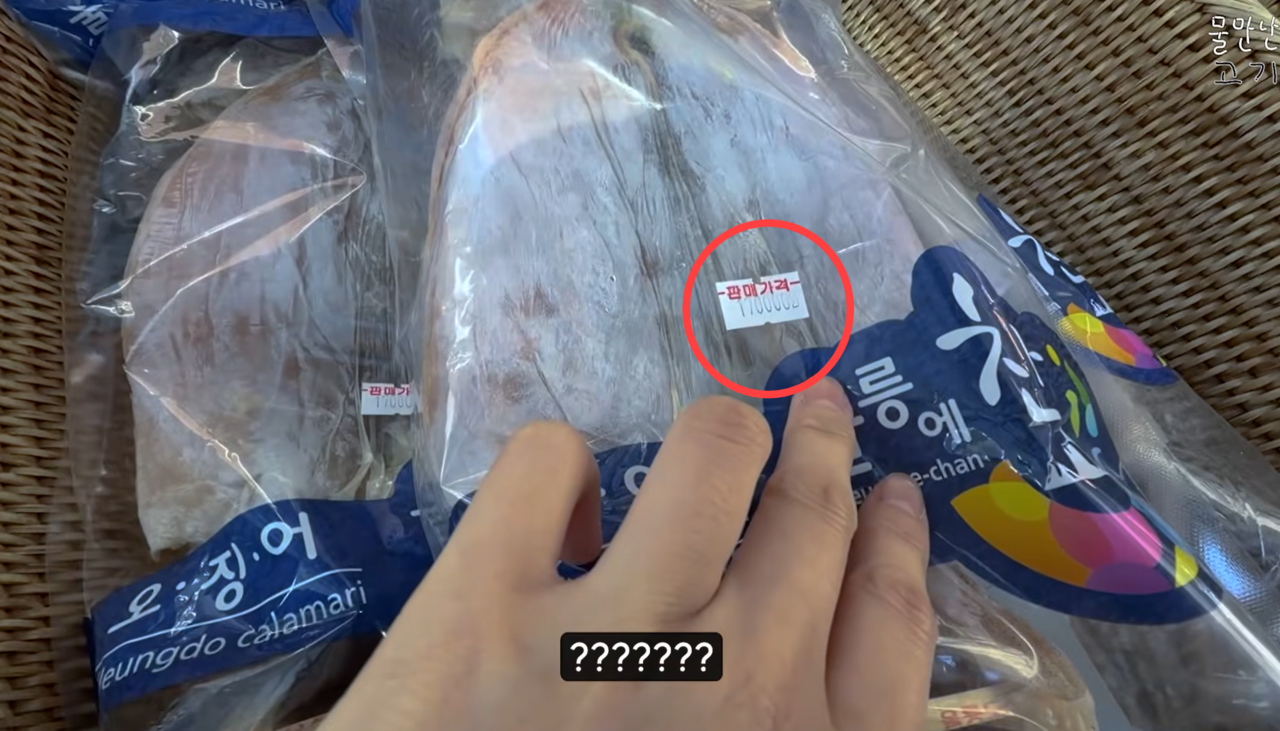 A YouTuber examines packaged dry squid. The price tag reads 170,000 won ($116). (Screen capture from YouTube)