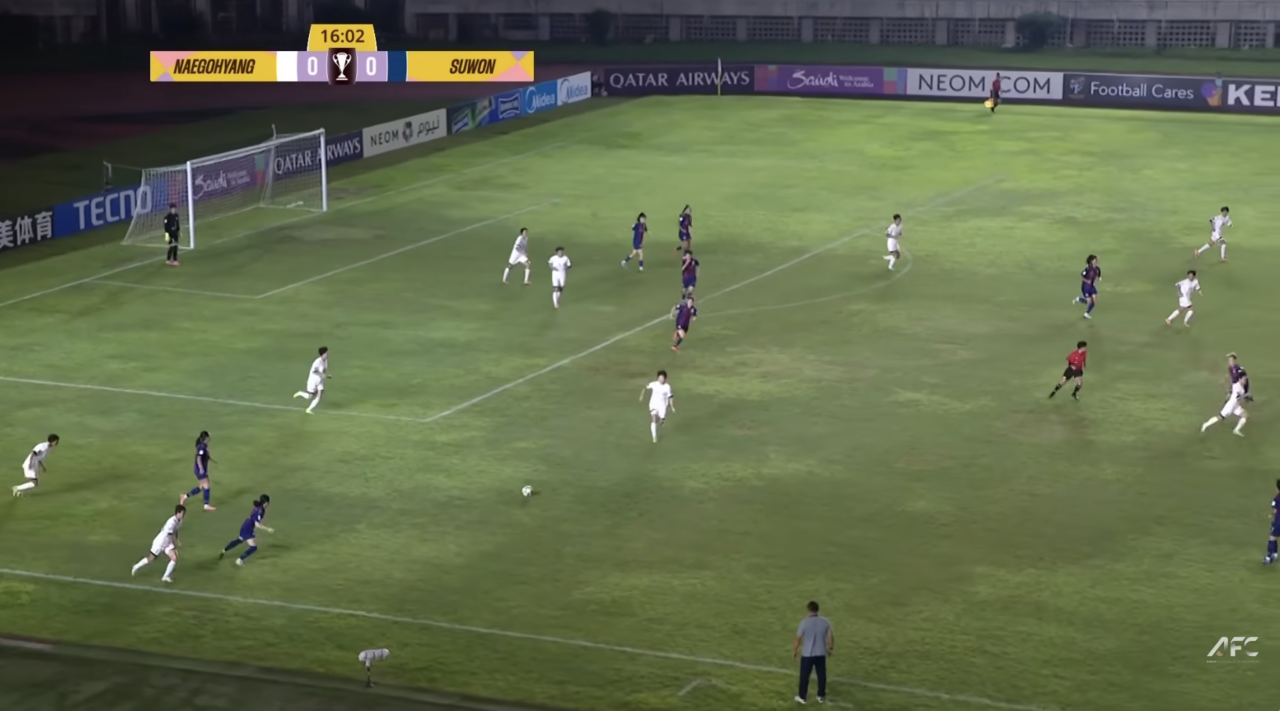 A screenshot of a match between North Korea's Naegohyang Women’s FC and Suwon FC Women during the group-stage match of the AFC Women’s Champions League on Nov. 12. (Asian Football Confederation's YouTube Channel)