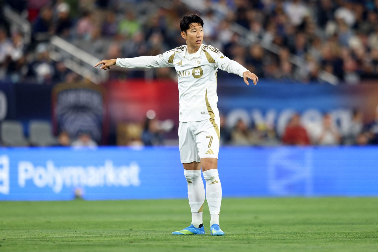 Los Angeles FC’s Son Heung-min reacts in a game against San Diego FC, at Snapdragon Stadium in in San Diego, Saturday. (AFP-Yonhap)
